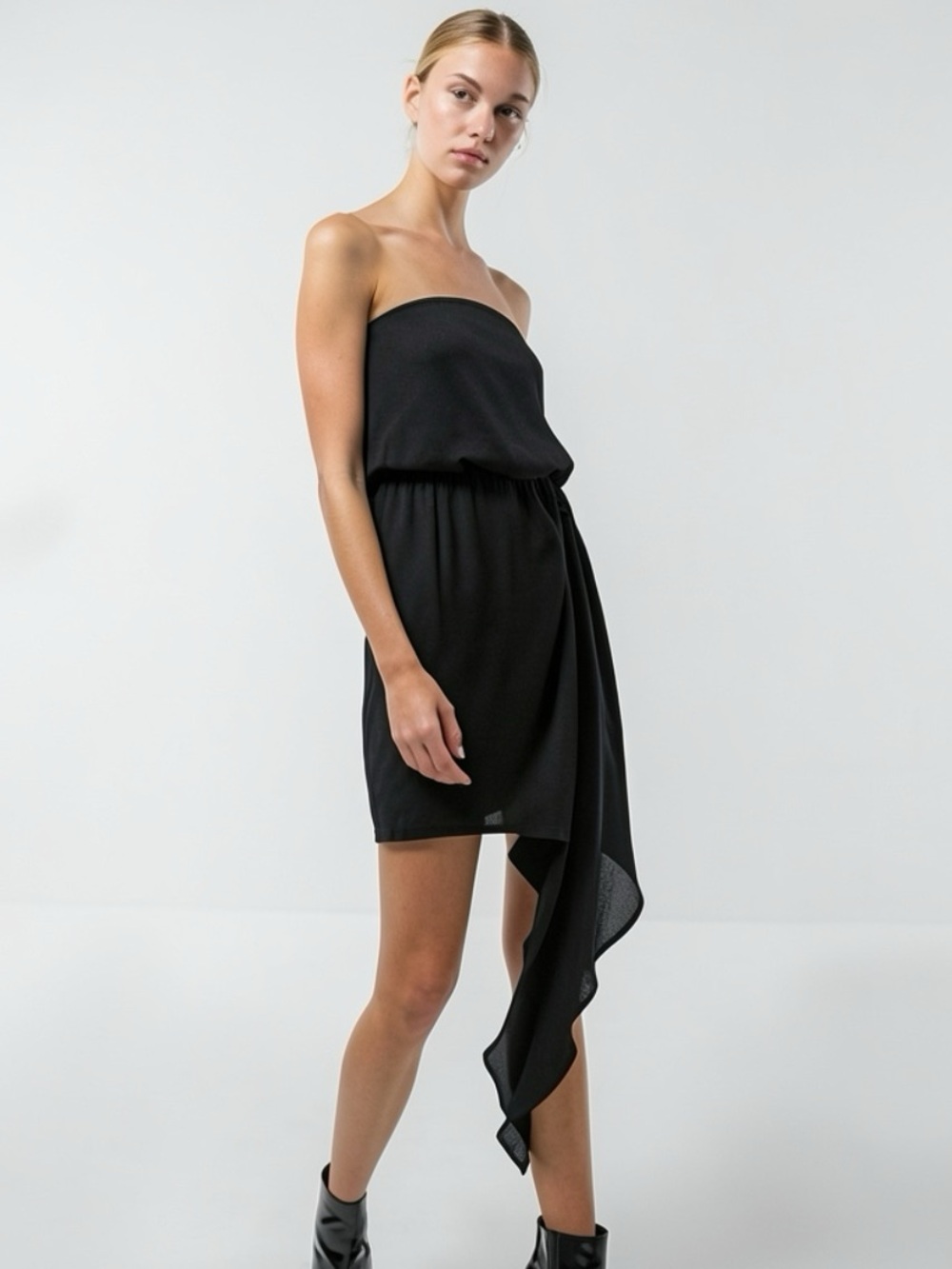 BCBGeneration Black Strapless Asymmetric Hem Draped Mini Dress S